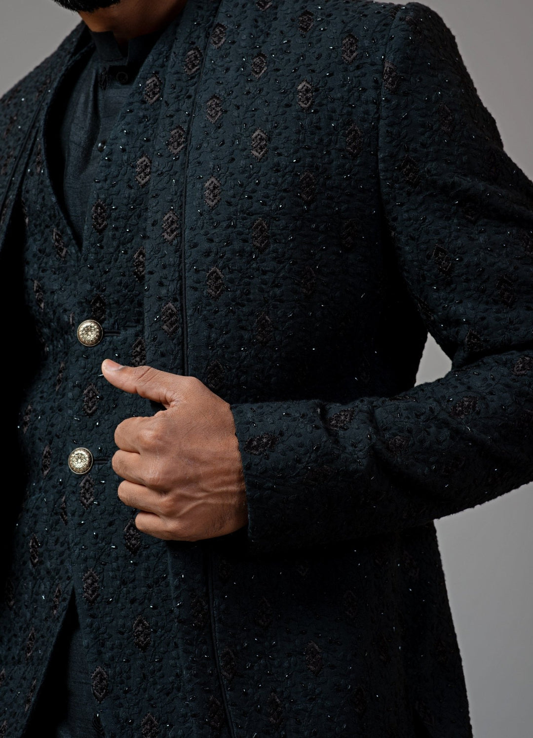 Black Double Panel Achkan With Motif Embroidery With Kurta Smriti - Fabilicious Fashion