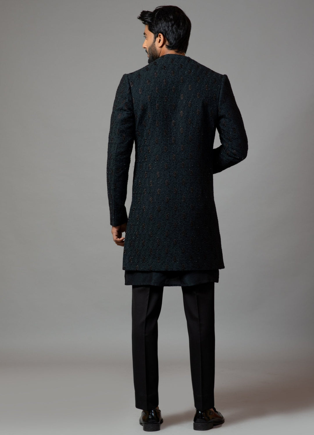 Black Double Panel Achkan With Motif Embroidery With Kurta Smriti - Fabilicious Fashion