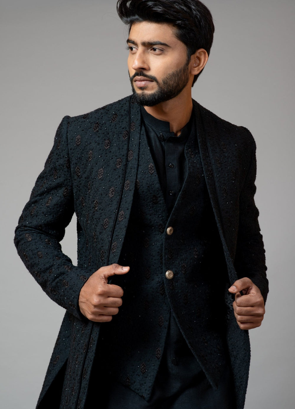 Black Double Panel Achkan With Motif Embroidery With Kurta Smriti - Fabilicious Fashion