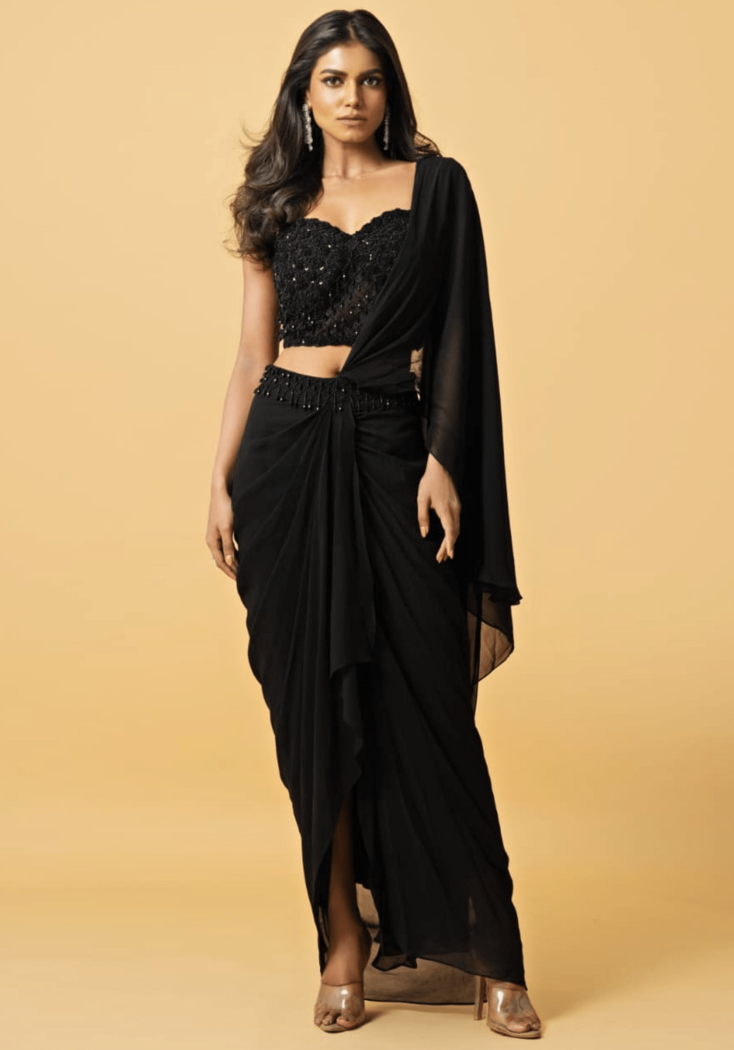 Black pre-draped saree with corset blouse — corset blouse for saree