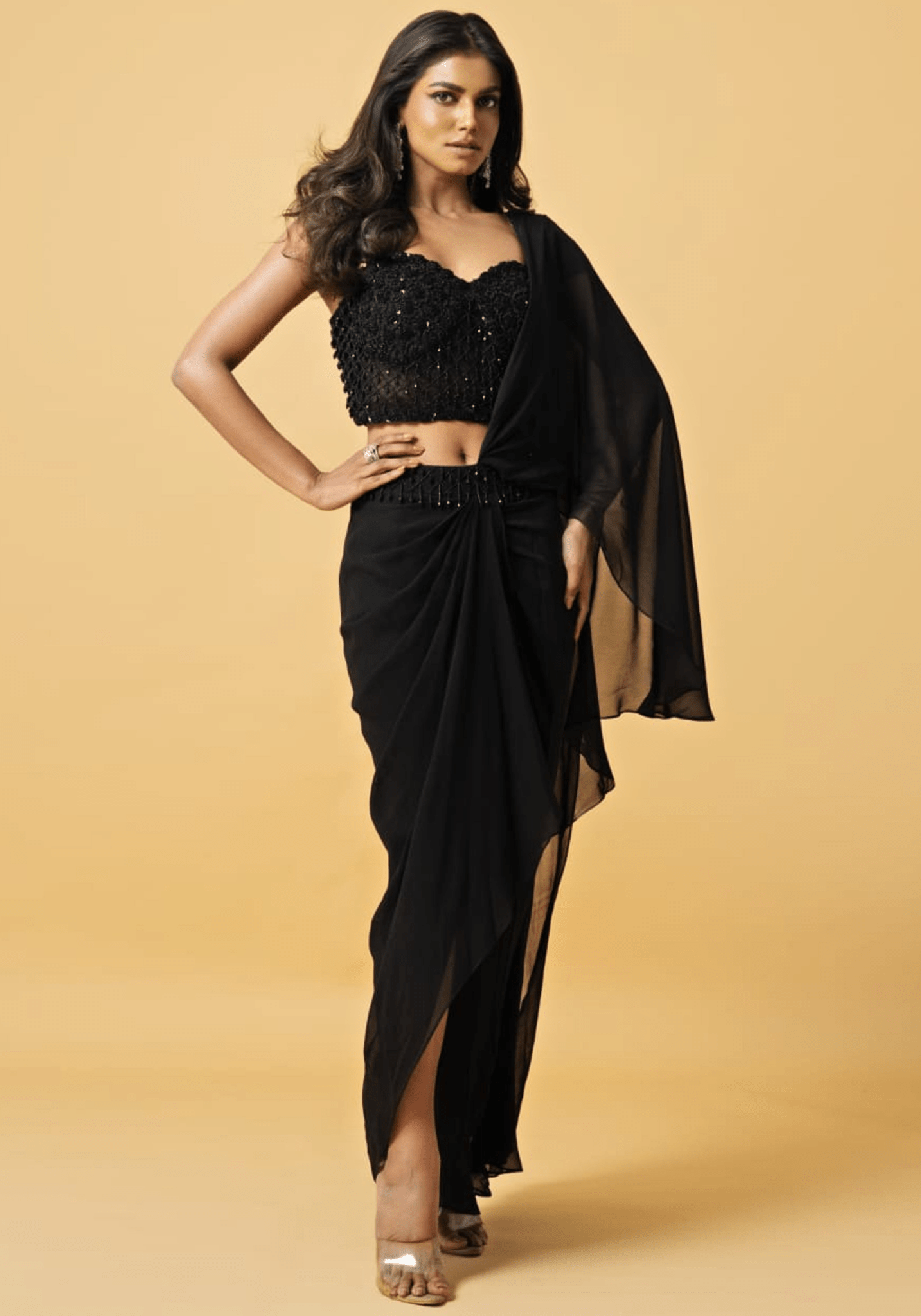 Black embroidered pre-stitched saree by Quench A Thirst for sangeet