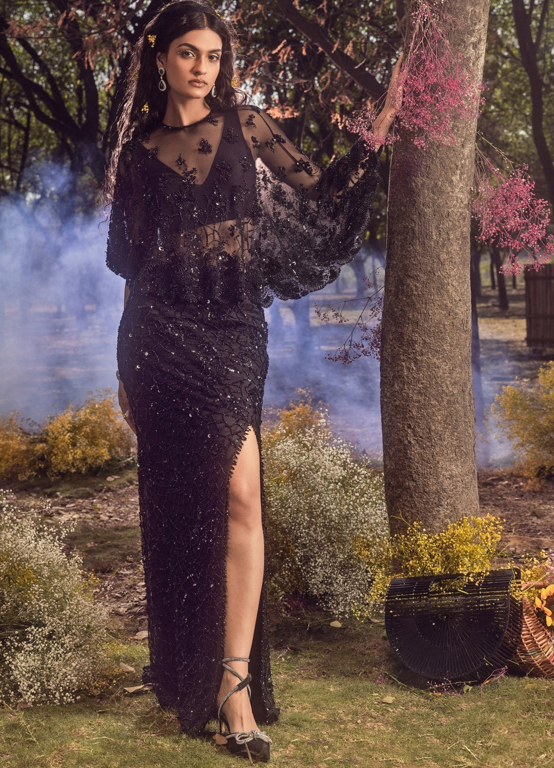 Black Embroidered Slit Lehenga With Cape And Bustier Nitika Gujral - Fabilicious Fashion