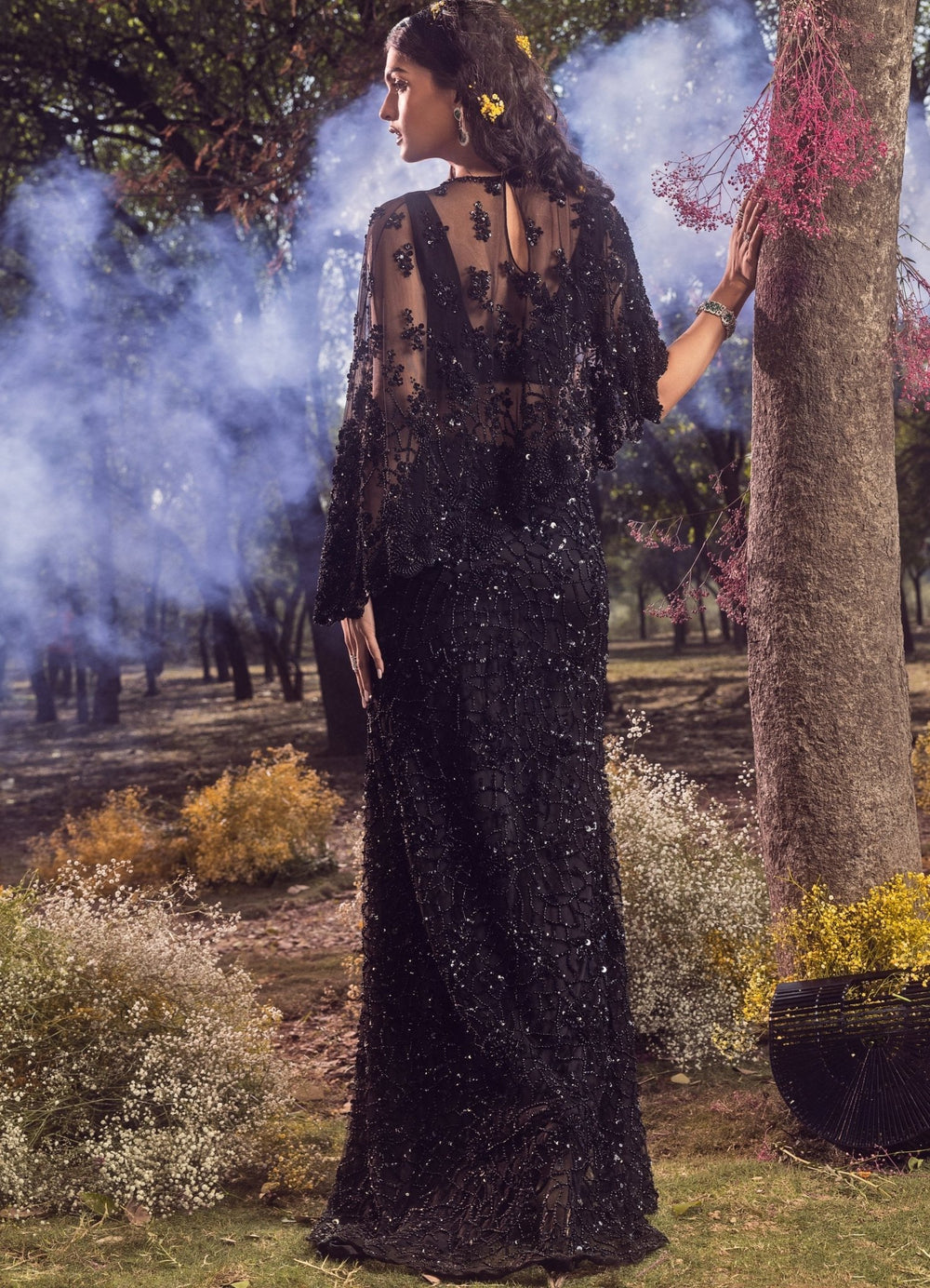 Black Embroidered Slit Lehenga With Cape And Bustier Nitika Gujral - Fabilicious Fashion