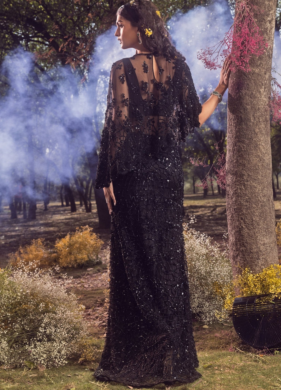 Black Embroidered Slit Lehenga With Cape And Bustier Nitika Gujral - Fabilicious Fashion