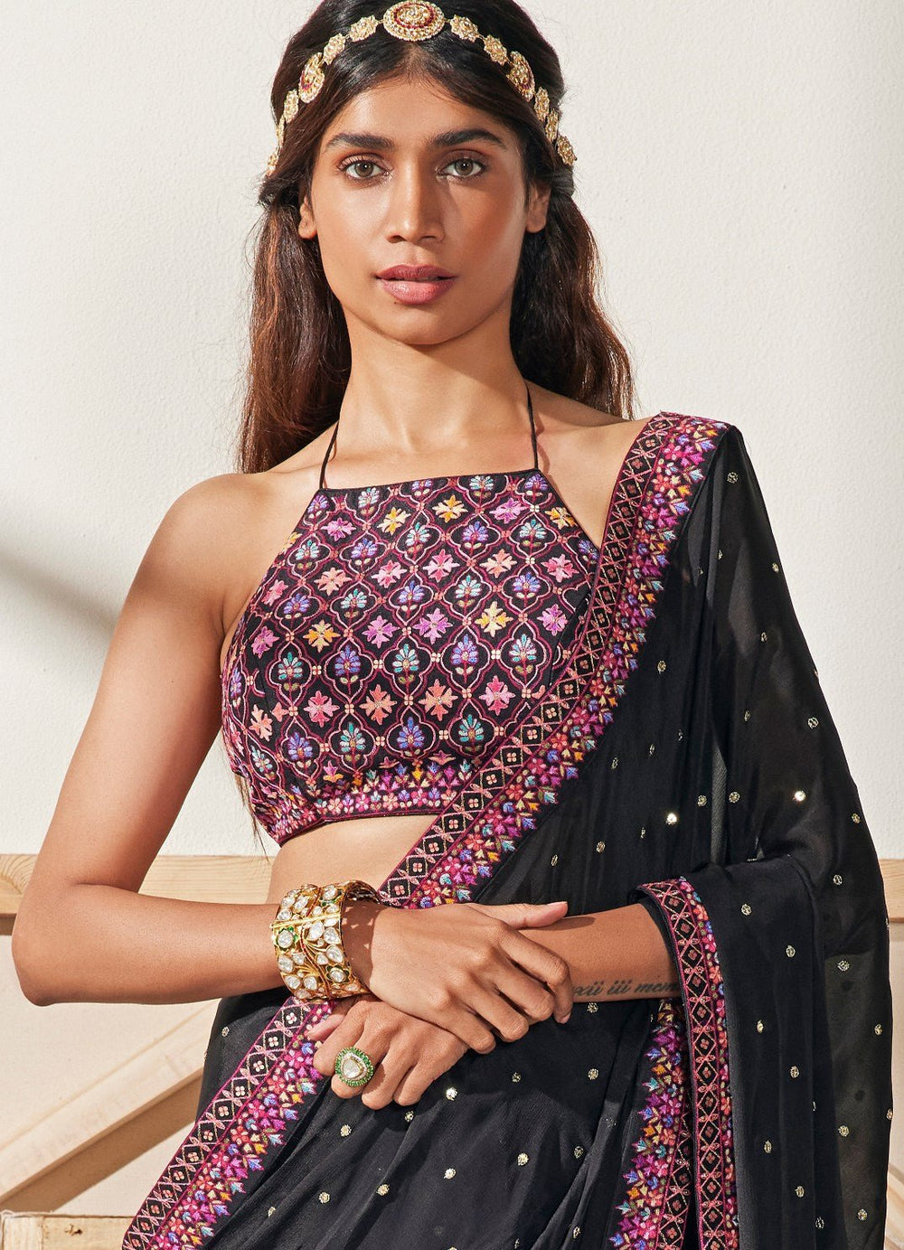 Black Floral Resham Saree Chamee n Palak - Fabilicious Fashion