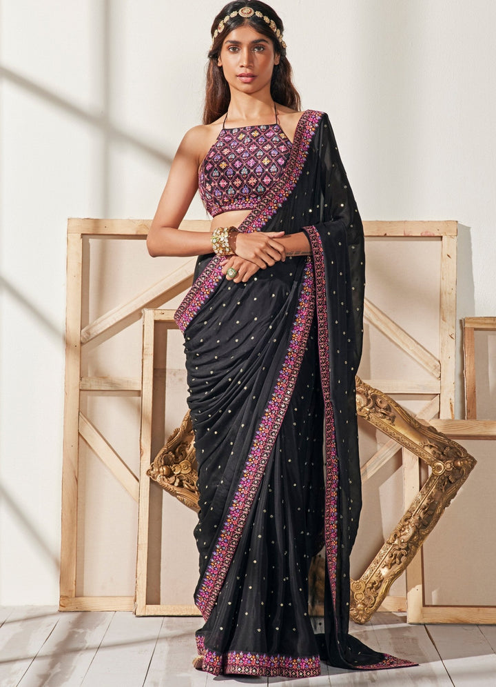 Black Floral Resham Saree Chamee n Palak - Fabilicious Fashion