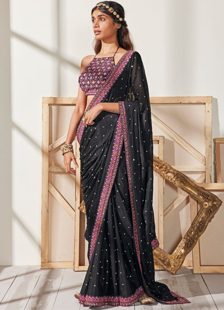 Black Floral Resham Saree Chamee n Palak - Fabilicious Fashion