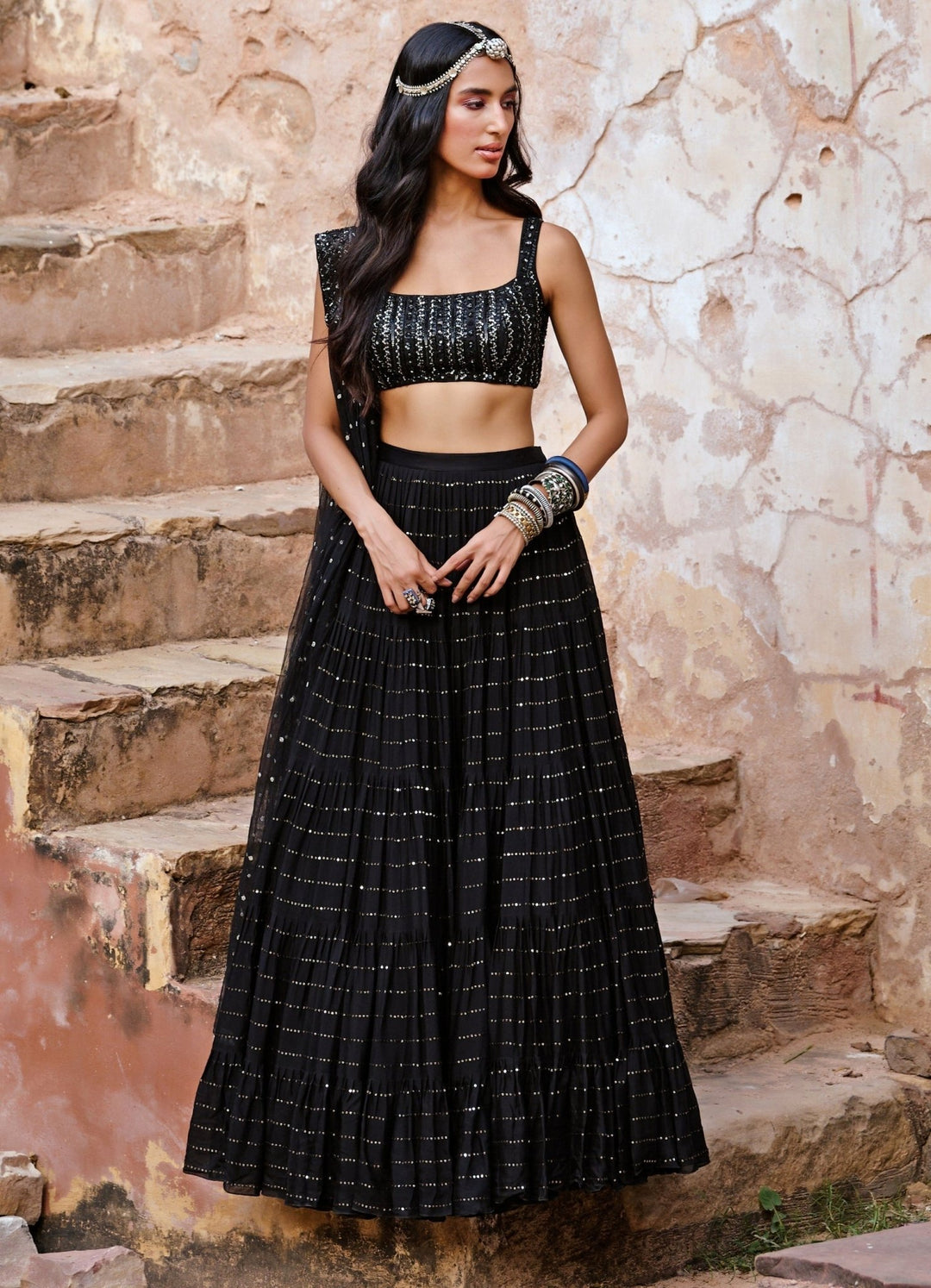 Black Georgette Sequinned Lehenga Set Chamee n Palak - Fabilicious Fashion