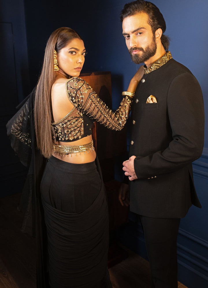 Black hand embroidered Bandgala Contrast By Parth - Fabilicious Fashion
