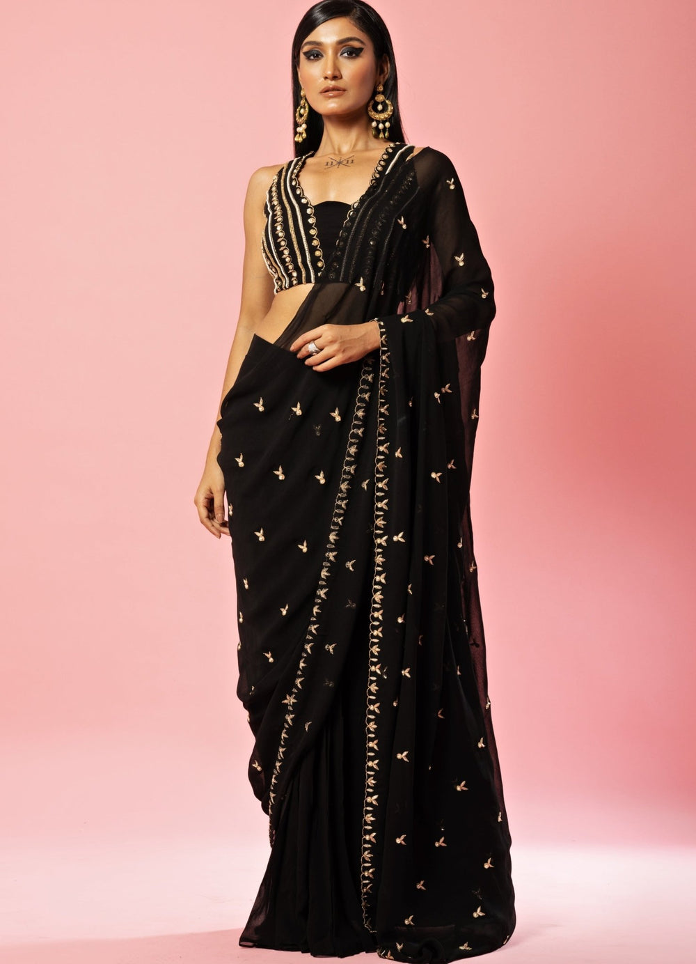 Black Hand-Embroidered Saree Pre Draped Saree Set QAT By Agni - Fabilicious Fashion
