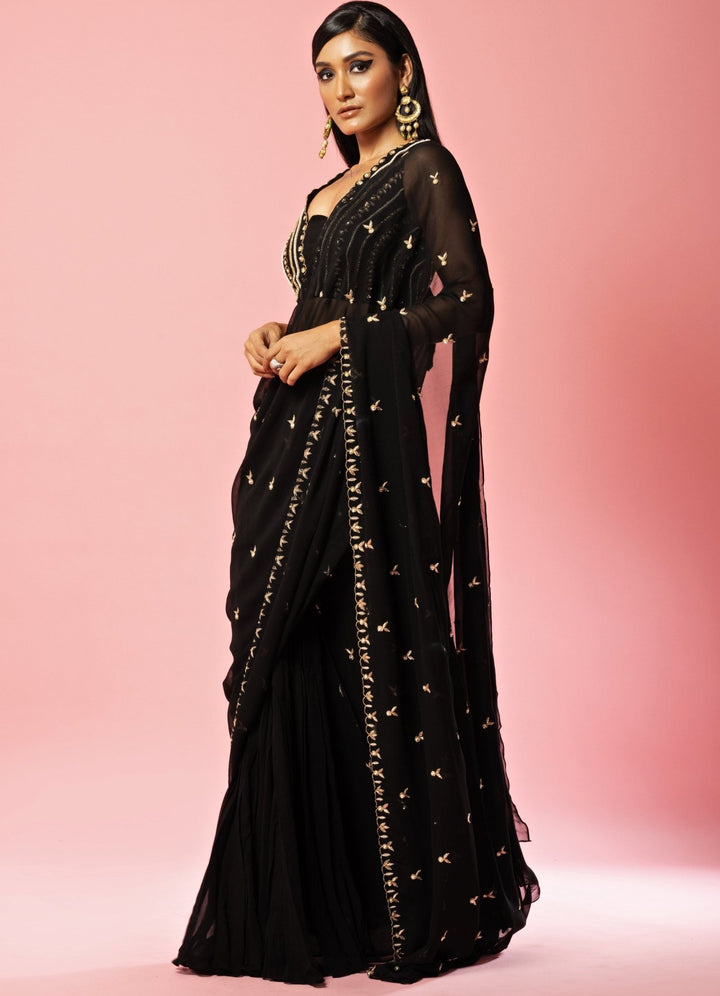 Black Hand-Embroidered Saree Pre Draped Saree Set QAT By Agni - Fabilicious Fashion