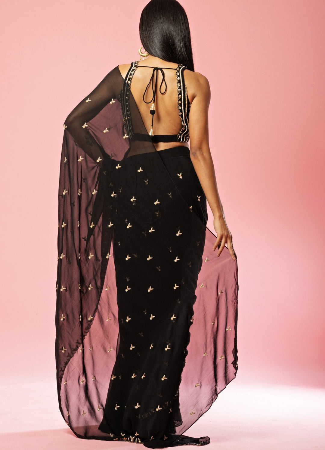 Black Hand-Embroidered Saree Pre Draped Saree Set QAT By Agni - Fabilicious Fashion