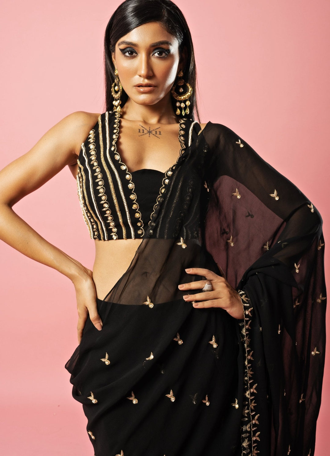Black Hand-Embroidered Saree Pre Draped Saree Set QAT By Agni - Fabilicious Fashion