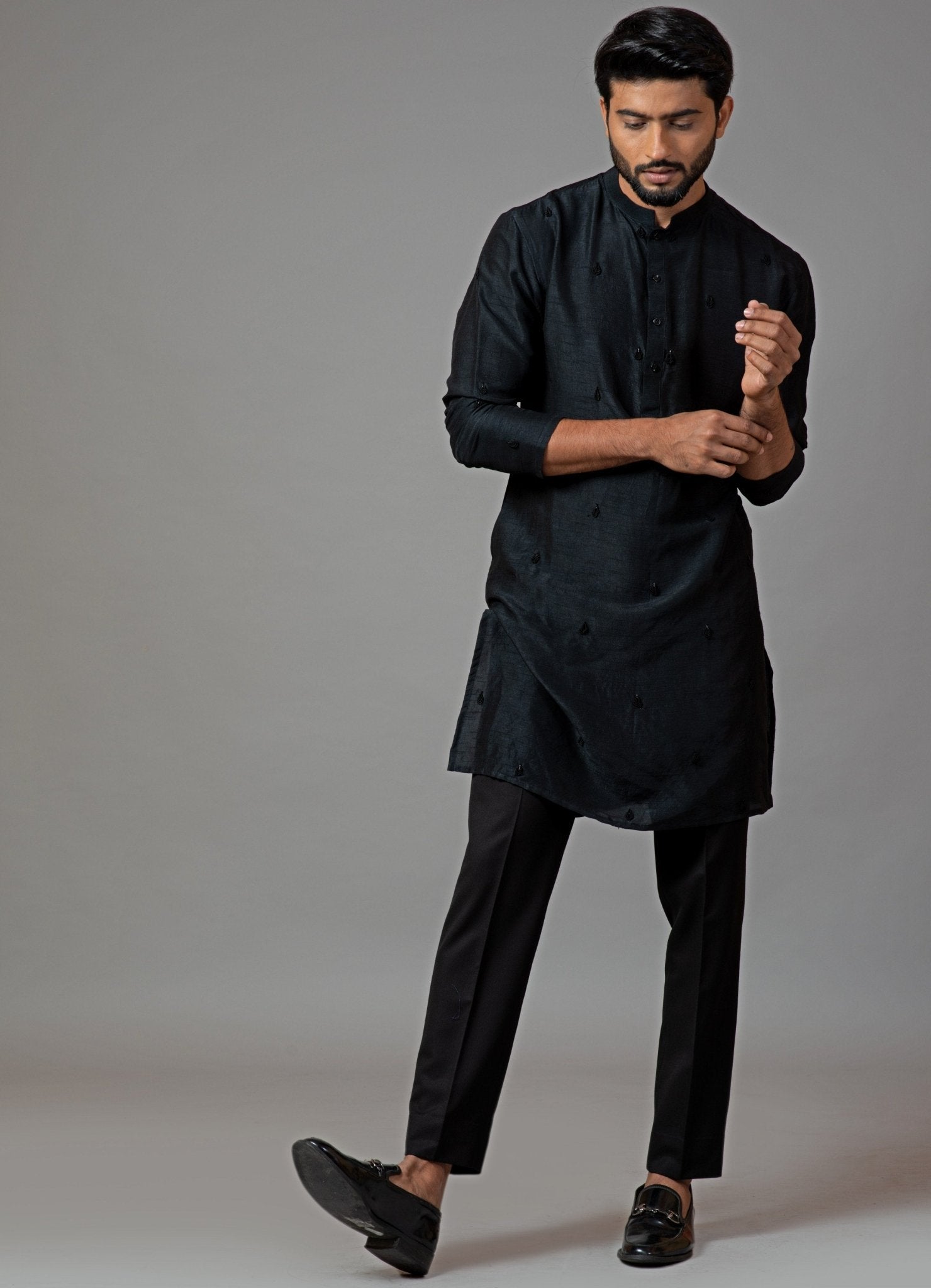 Black embroidered short mens kurta — modern kurta for men