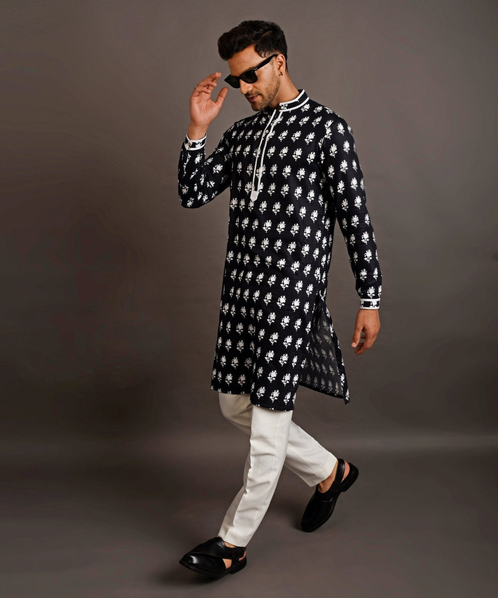 Black Kurta With White Floral Motif Chatenya Mittal - Fabilicious Fashion