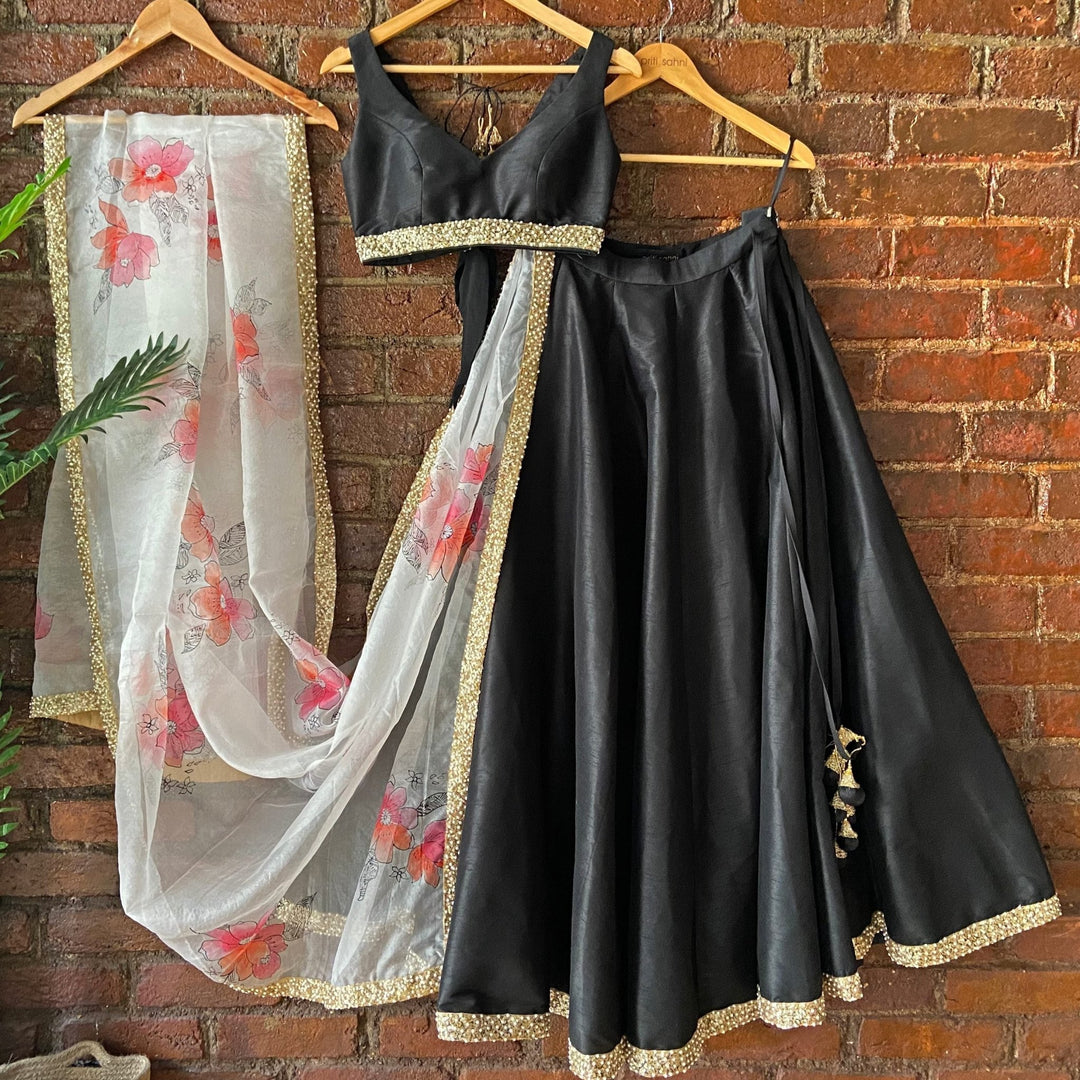 Black lehenga Set With Ivory Hand Painted Dupatta Priti Sahni - Fabilicious Fashion