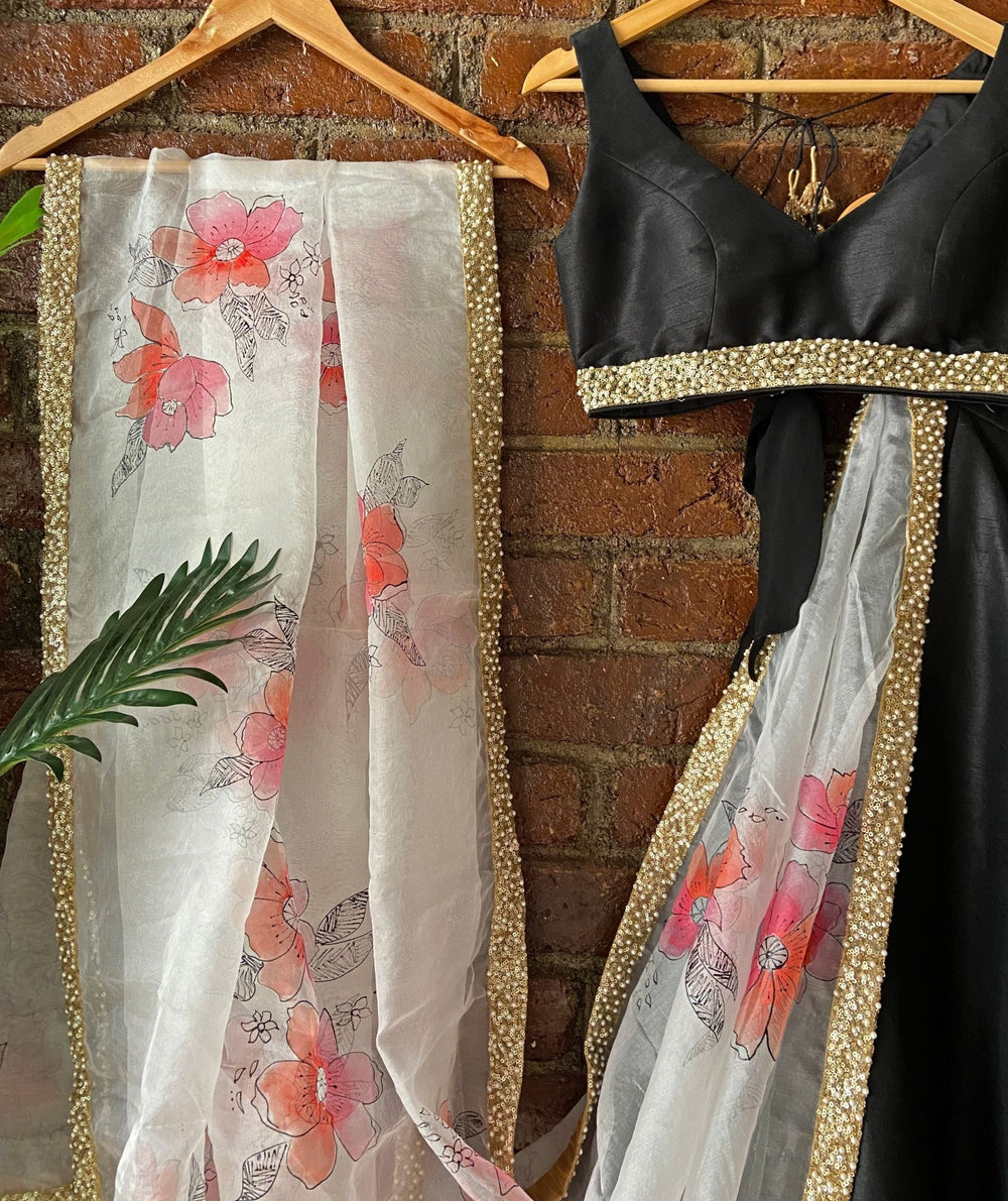 Black lehenga Set With Ivory Hand Painted Dupatta Priti Sahni - Fabilicious Fashion