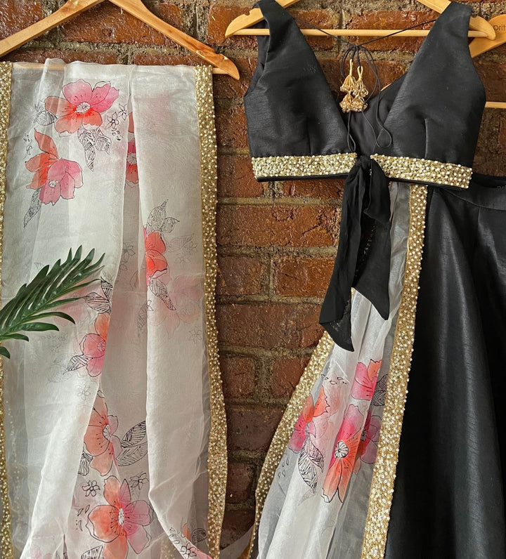 Black lehenga Set With Ivory Hand Painted Dupatta Priti Sahni - Fabilicious Fashion