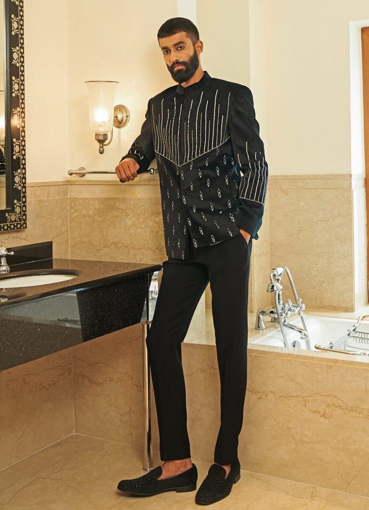 Black Metallic Embroidered Bandhgala Set Contrast by Parth - Fabilicious Fashion