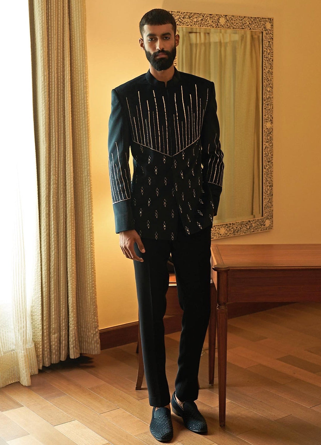 Black Metallic Embroidered Bandhgala Set Contrast by Parth - Fabilicious Fashion