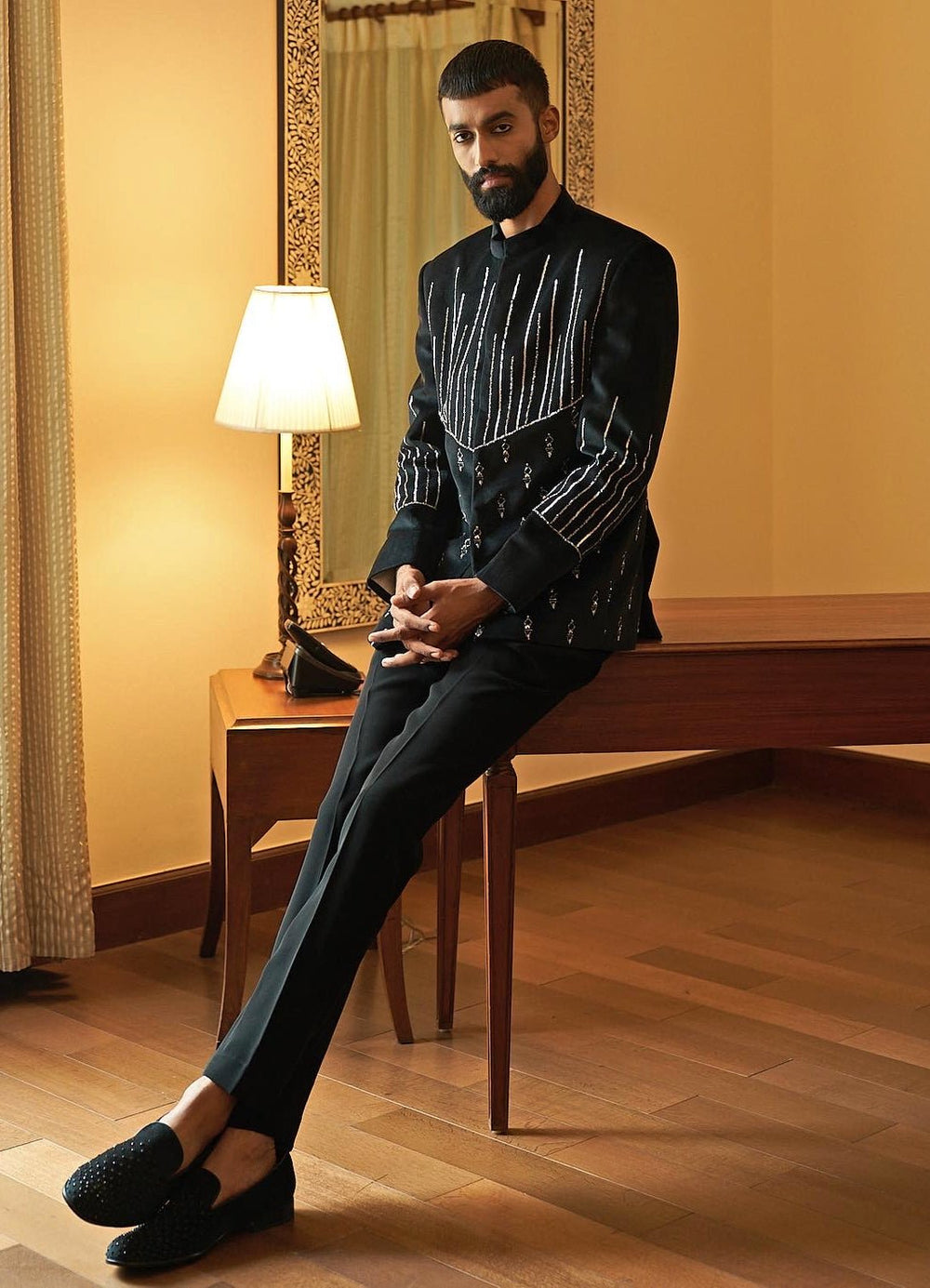 Black Metallic Embroidered Bandhgala Set Contrast by Parth - Fabilicious Fashion