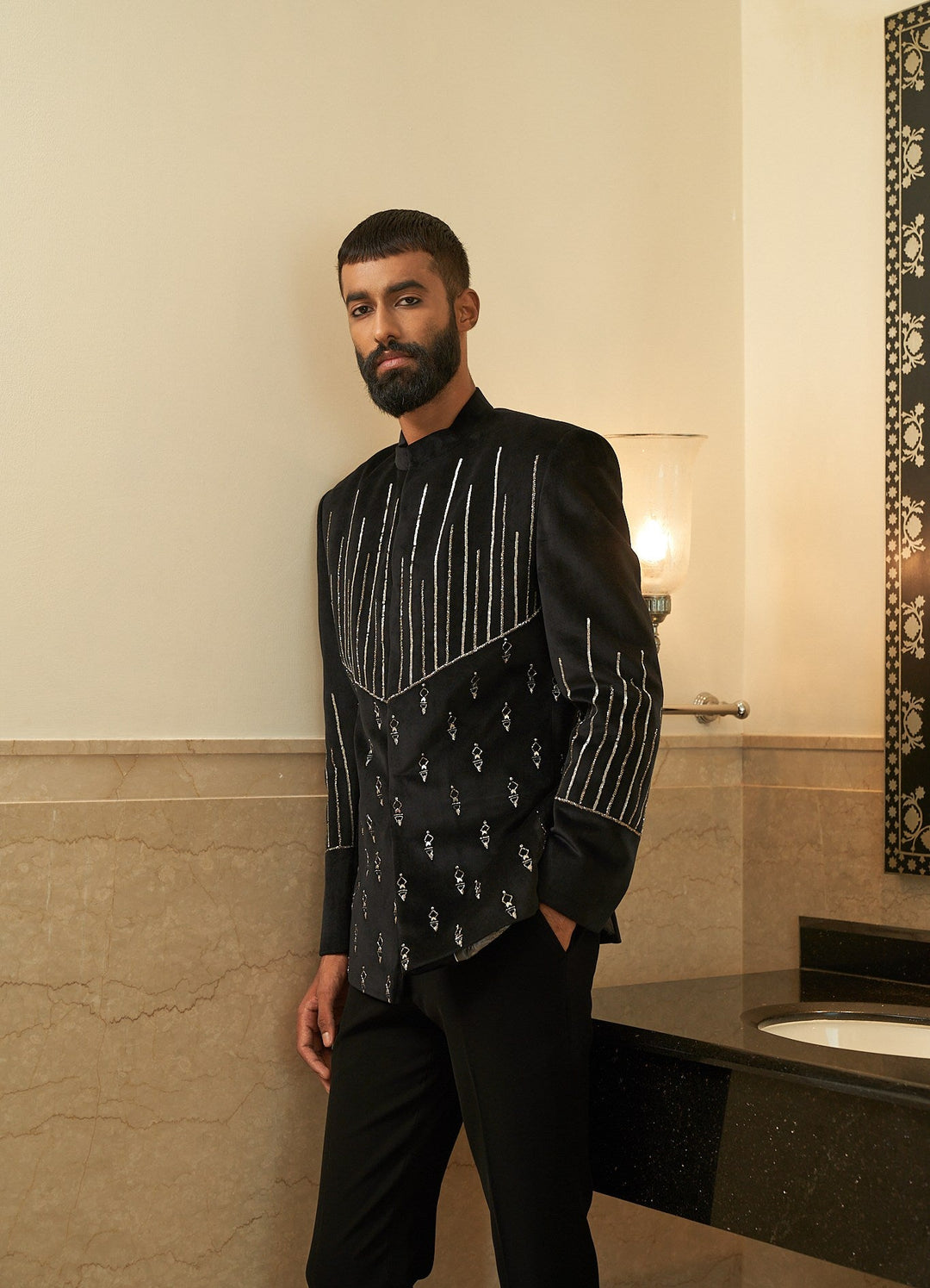 Black Metallic Embroidered Bandhgala Set Contrast by Parth - Fabilicious Fashion