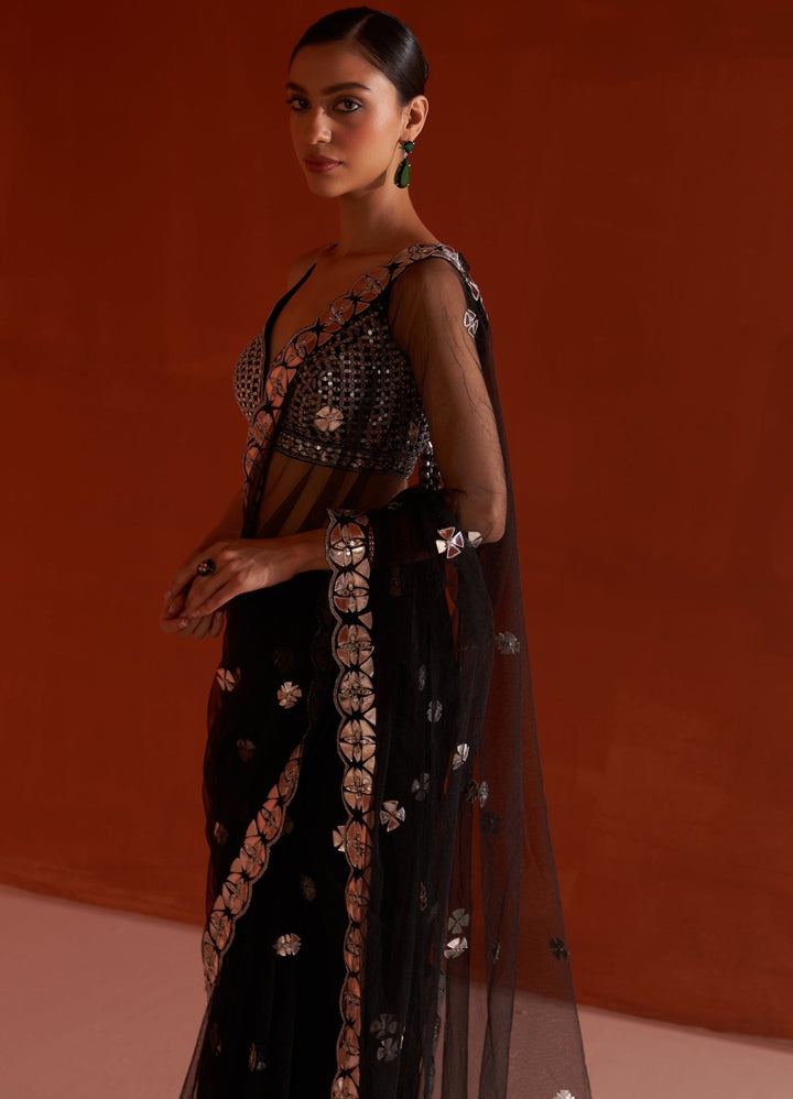 Black Mirror Embellished Net Saree Set Angad Singh - Fabilicious Fashion