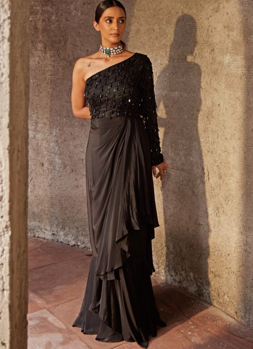 Black One Shoulder Gown Nidhika Shekhar - Fabilicious Fashion