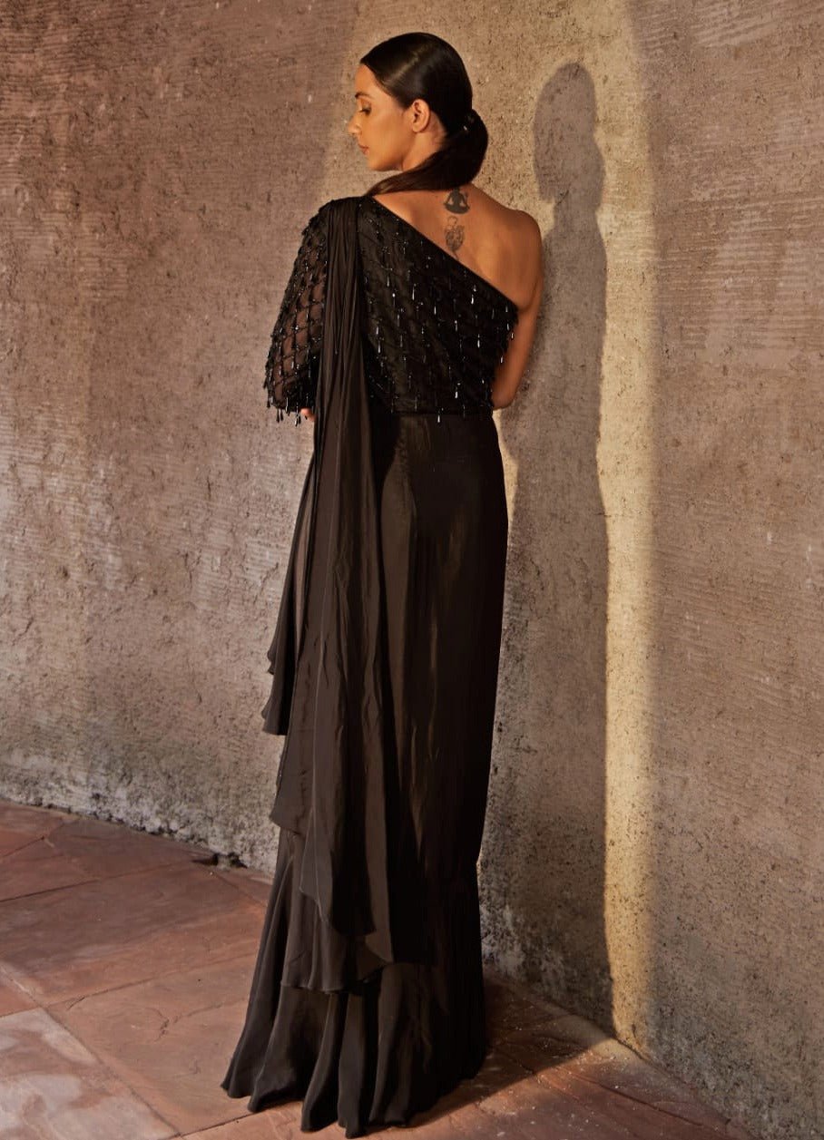 Black One Shoulder Gown Nidhika Shekhar - Fabilicious Fashion
