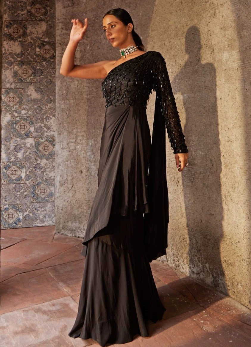 Black One Shoulder Gown Nidhika Shekhar - Fabilicious Fashion