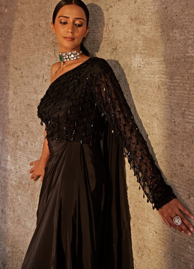 Black One Shoulder Gown Nidhika Shekhar - Fabilicious Fashion