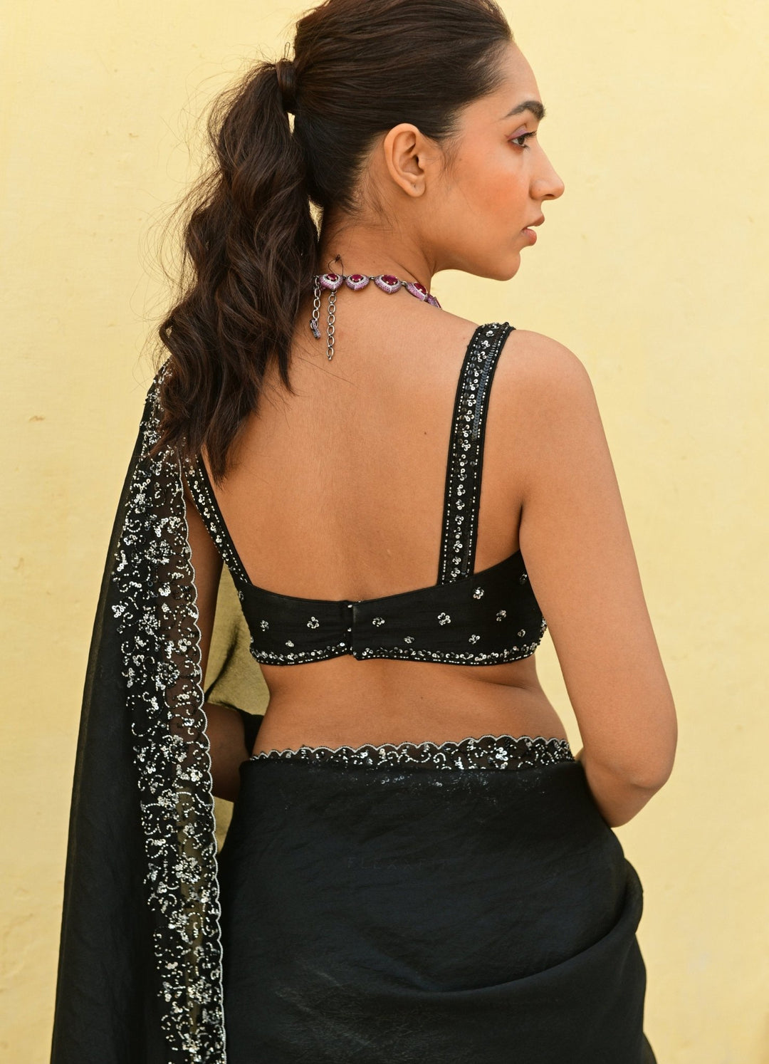 Black Organza Saree with Embroidered Blouse Set Chamee n Palak - Fabilicious Fashion