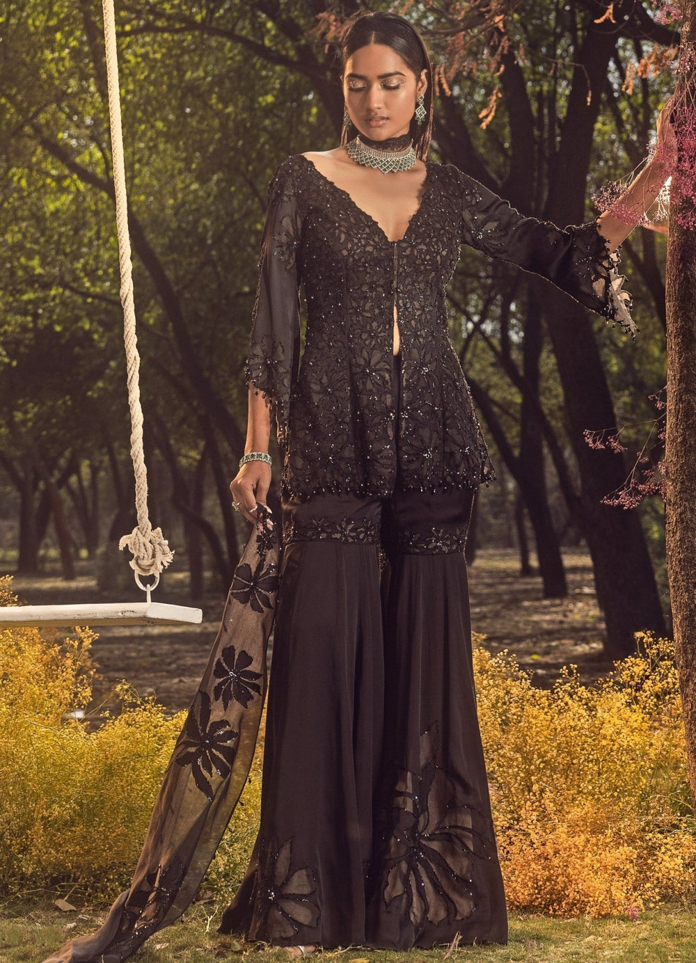 Black Peplum Embroidered Gharara Set With Kurta Nitika Gujral - Fabilicious Fashion