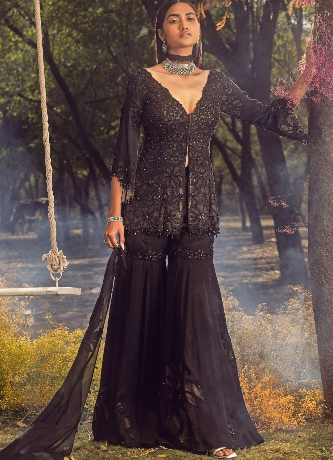 Black Peplum Embroidered Gharara Set With Kurta Nitika Gujral - Fabilicious Fashion