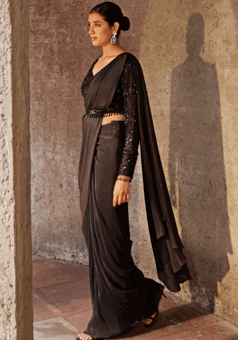 Black Pre Drape Saree Set Nidhika Shekhar - Fabilicious Fashion