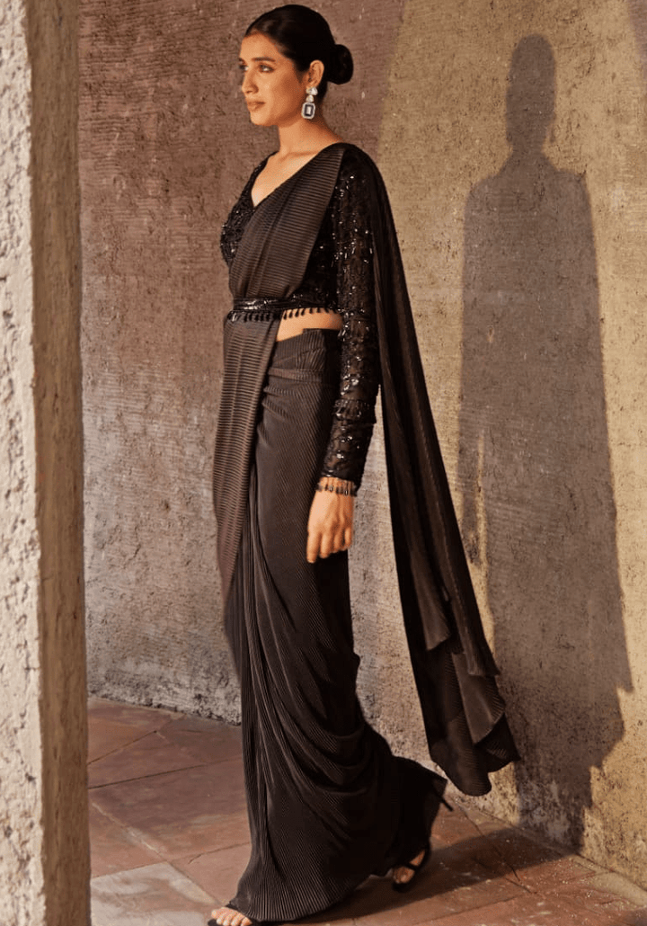 Black Pre Drape Saree Set Nidhika Shekhar - Fabilicious Fashion