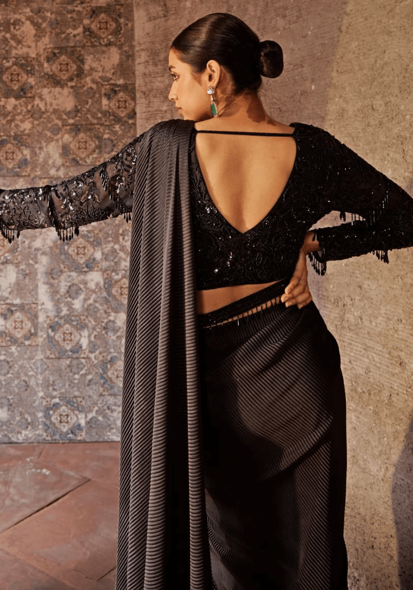 Black Pre Drape Saree Set Nidhika Shekhar - Fabilicious Fashion