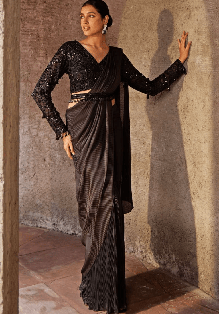 Black Pre Drape Saree Set Nidhika Shekhar - Fabilicious Fashion