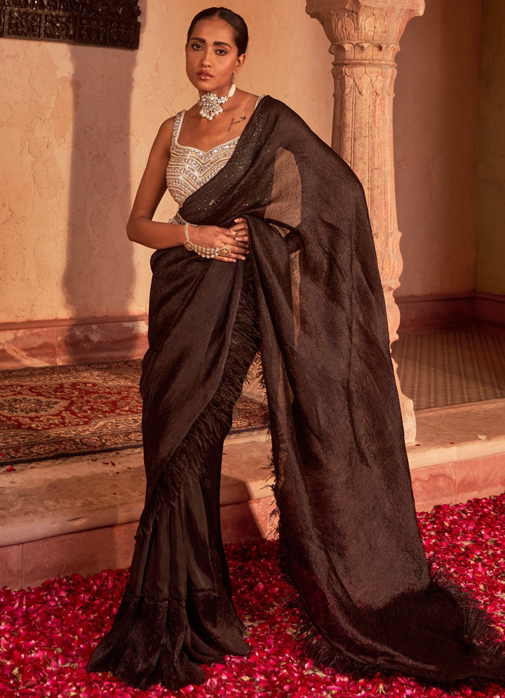 Black Pre-Draped Silk Saree Set With Tasselled Belt Nidhika Shekhar - Fabilicious Fashion