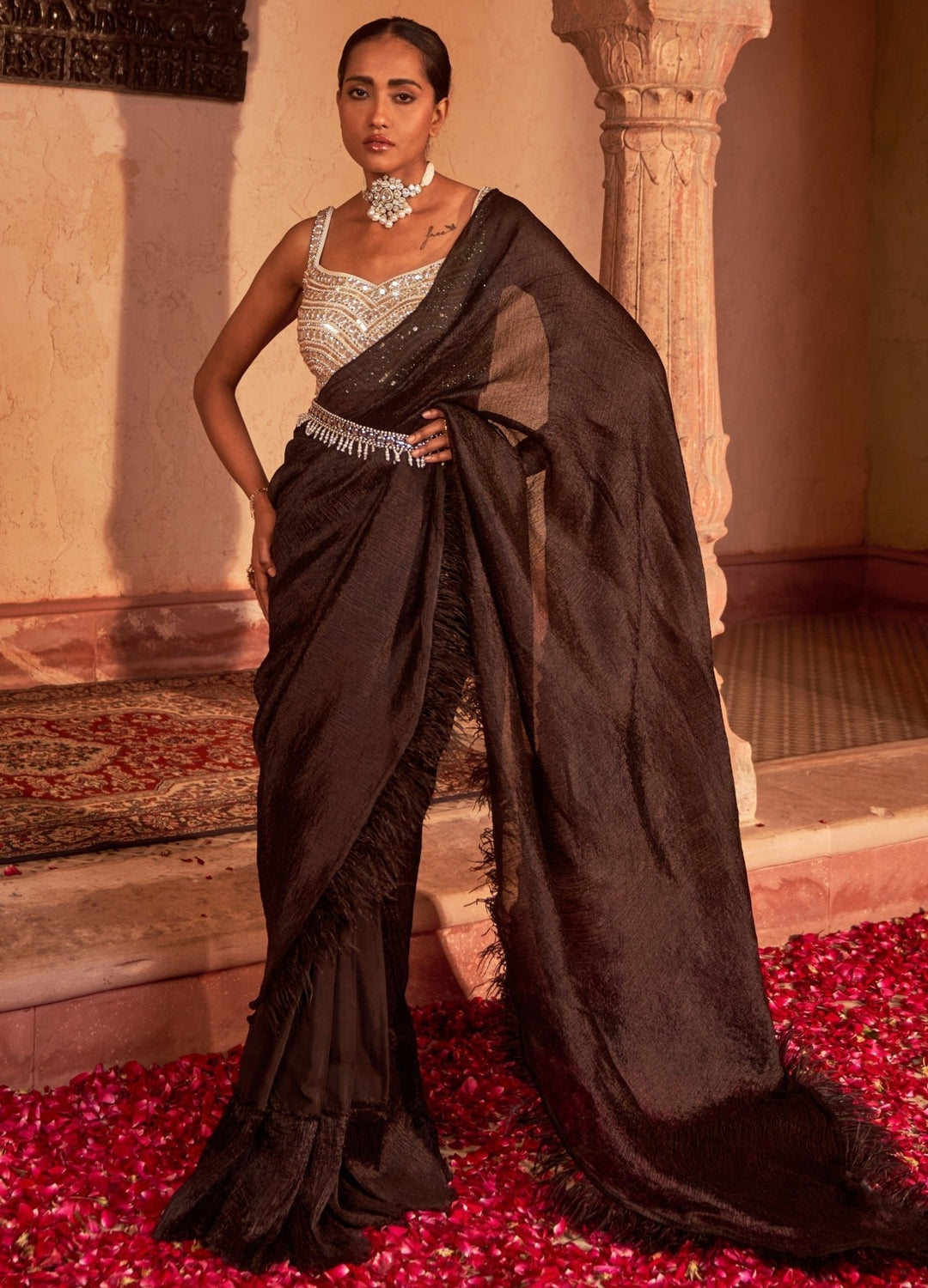 Black Pre-Draped Silk Saree Set With Tasselled Belt Nidhika Shekhar - Fabilicious Fashion