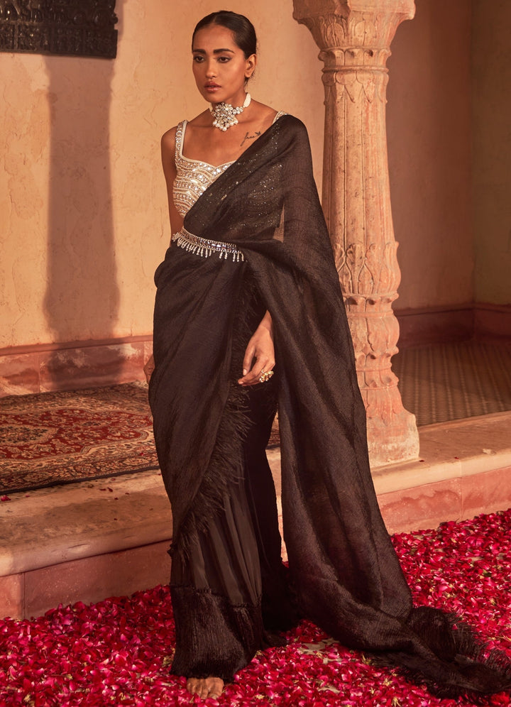Black Pre-Draped Silk Saree Set With Tasselled Belt Nidhika Shekhar - Fabilicious Fashion