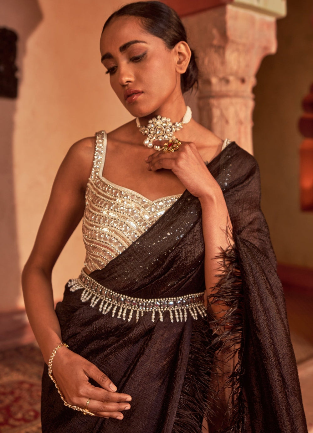 Black Pre-Draped Silk Saree Set With Tasselled Belt Nidhika Shekhar - Fabilicious Fashion
