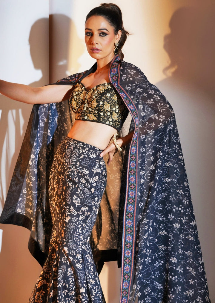 Black Printed Modal Silk Fishtail Lehenga With Embroidered Blouse Rashika Sharma - Fabilicious Fashion