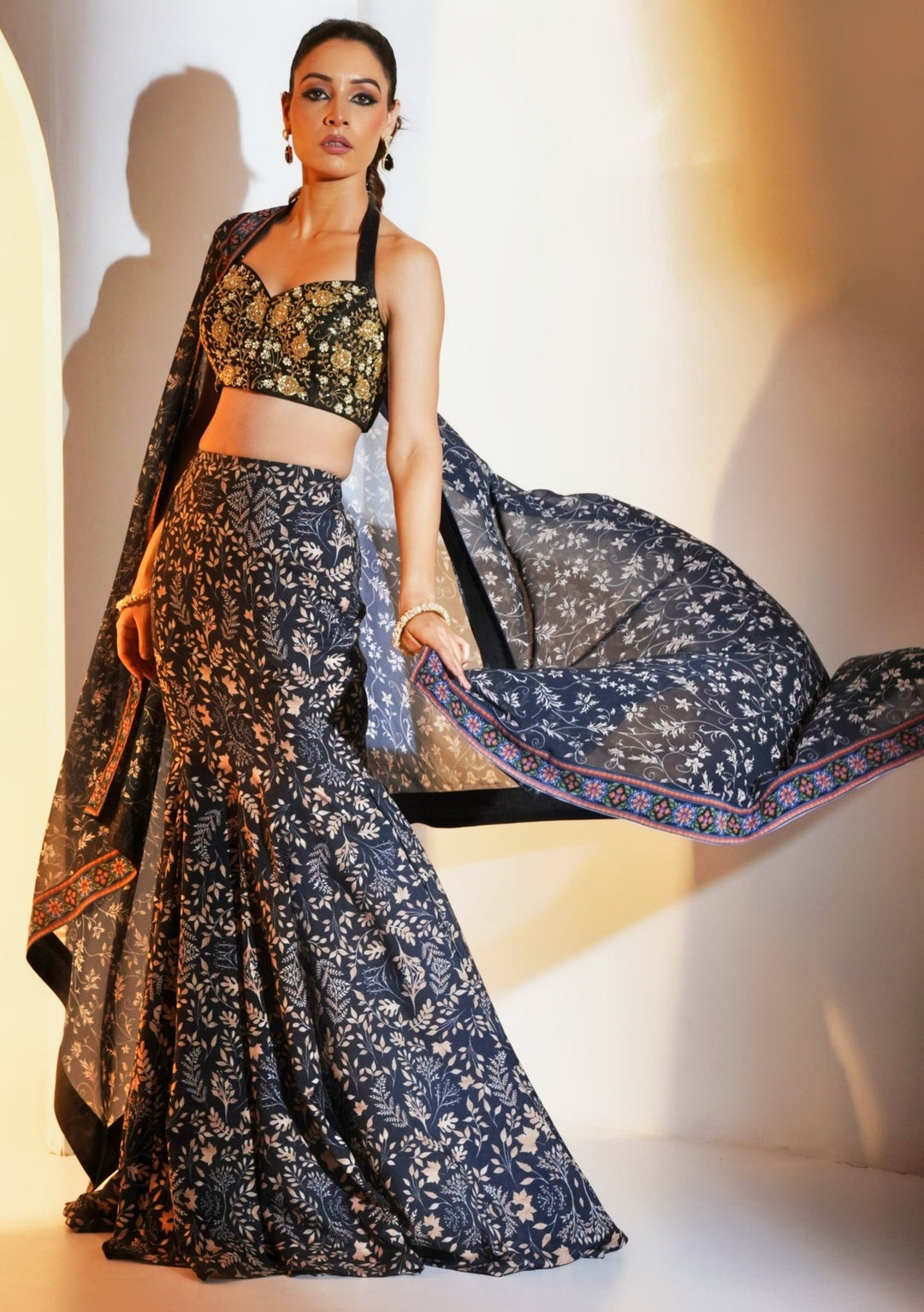 Black Printed Modal Silk Fishtail Lehenga With Hand Embellished Blouse and Printed Dupatta Rashika Sharma - Fabilicious Fashion