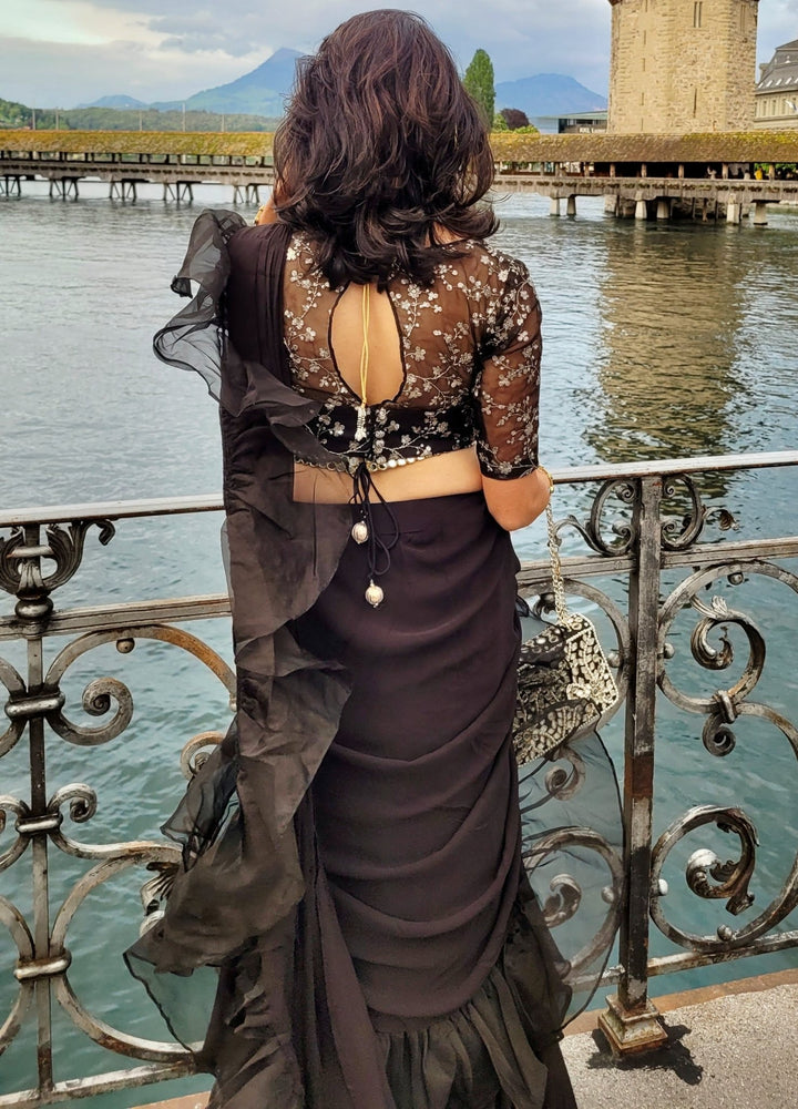 Black Ruffled Pre-Draped Saree Set With Embellished Blouse Priti Sahni - Fabilicious Fashion