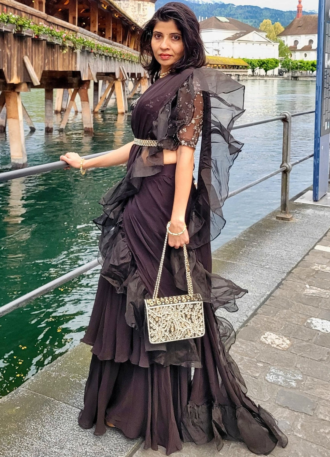 Black Ruffled Pre-Draped Saree Set With Embellished Blouse Priti Sahni - Fabilicious Fashion