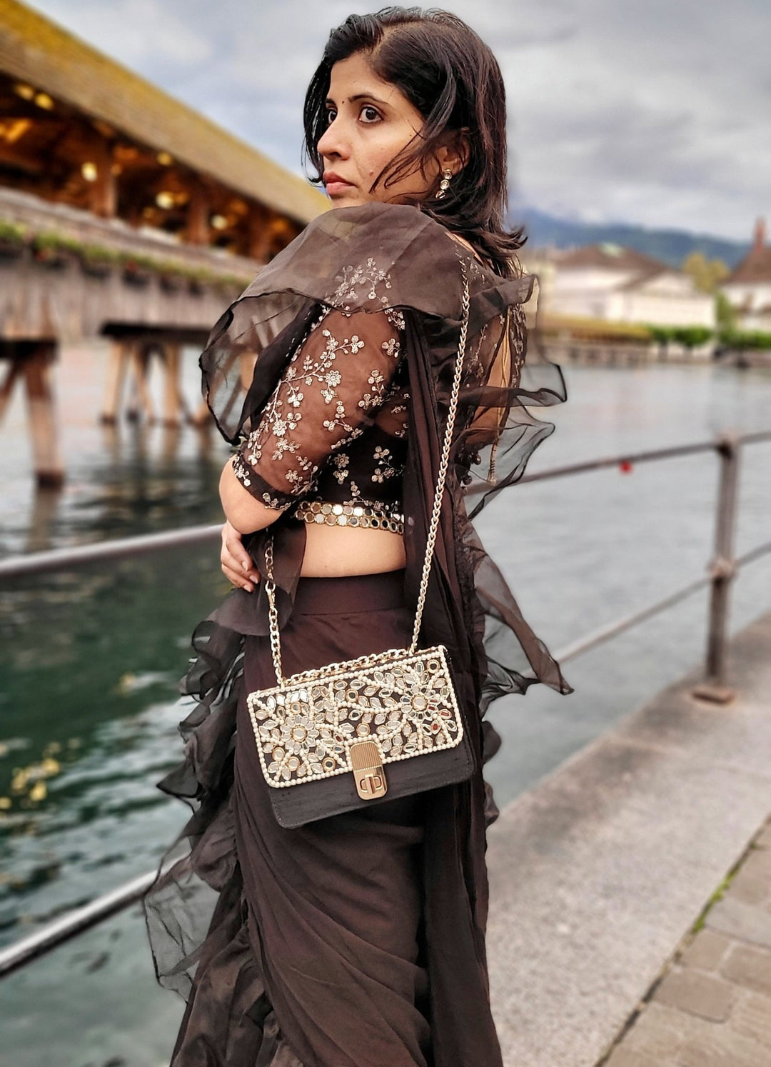 Black Ruffled Pre-Draped Saree Set With Embellished Blouse Priti Sahni - Fabilicious Fashion