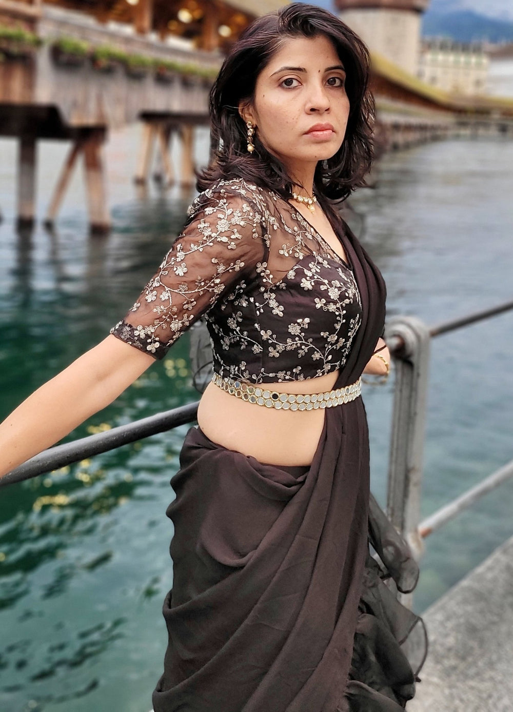 Black Ruffled Pre-Draped Saree Set With Embellished Blouse Priti Sahni - Fabilicious Fashion