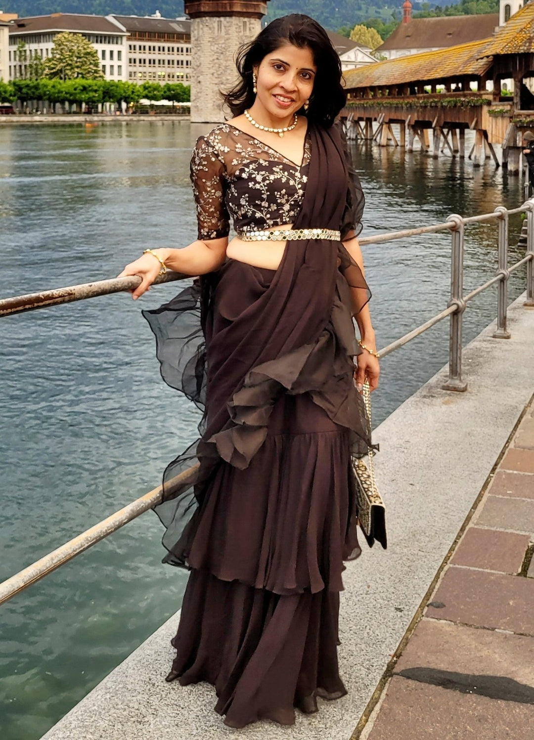 Black Ruffled Pre-Draped Saree Set With Embellished Blouse Priti Sahni - Fabilicious Fashion