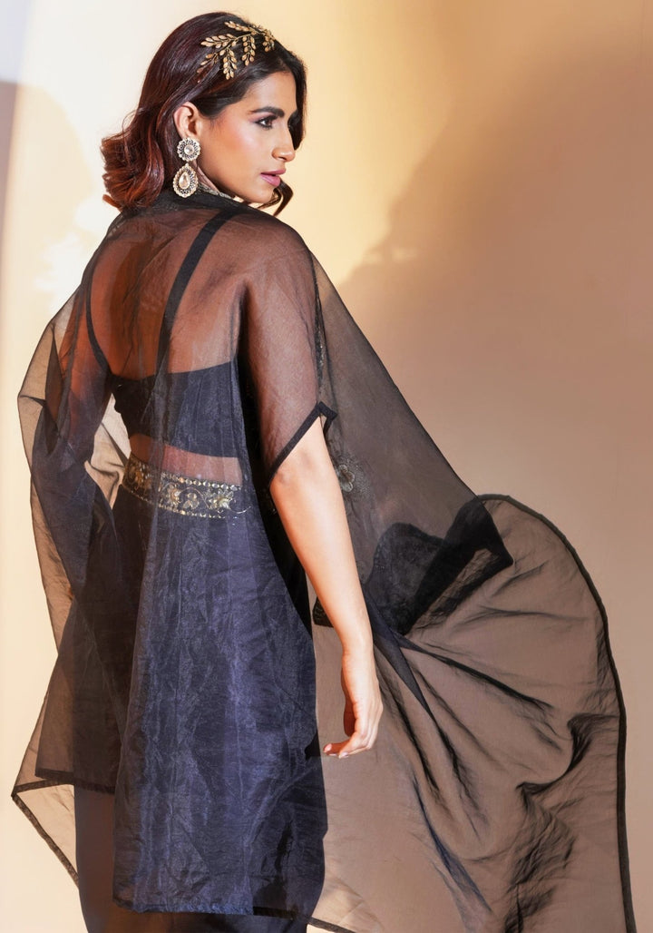 Black Satin Drape Lehenga With Embellished Bustier And Cape Rashika Sharma - Fabilicious Fashion